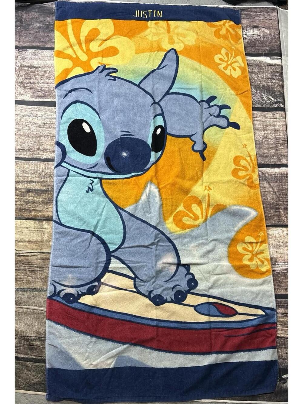 Y2K Disney Beach Towel Stitch Surfing 30x60 Custom Name Embroidery Justin